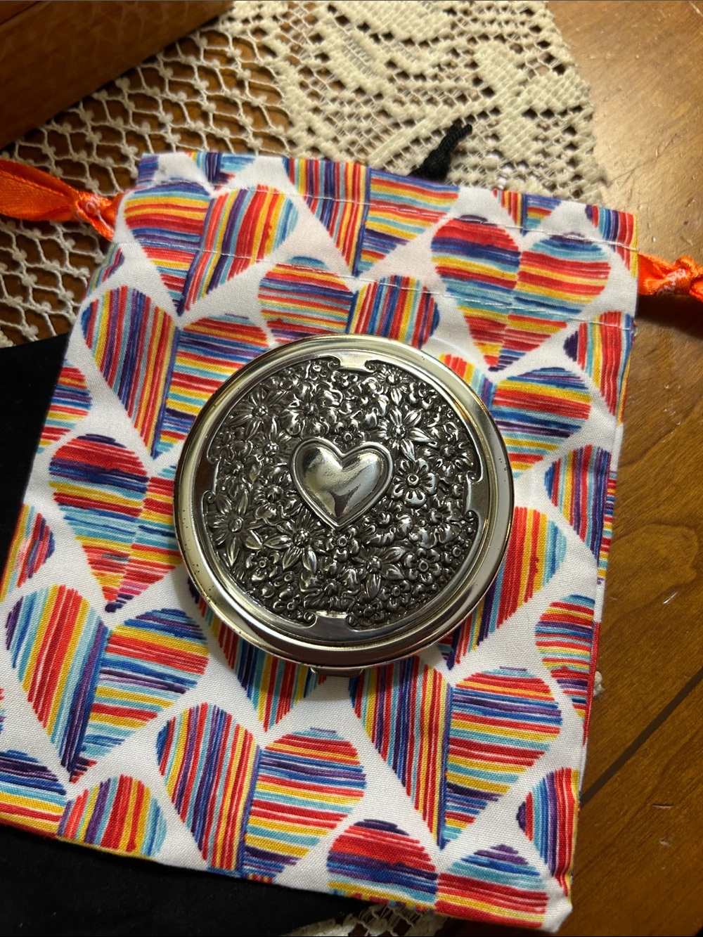 Brighton Decorative Silver Heart Compact Mirror with Floral Motif